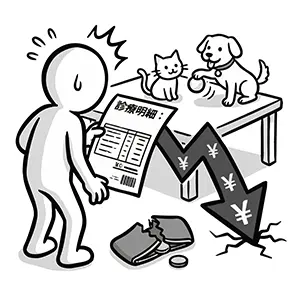 犬と猫の横で高額な診療明細書を見てショックを受け、財布が割れている人のイラスト