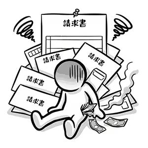 机の上に山積みの請求書を前に、支払いの多さに頭を抱えて疲弊している人のイラスト