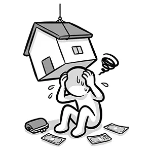 頭上に家がのしかかり、固定資産税の負担と出費に苦しむ人のイラスト