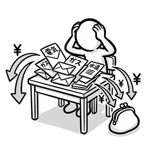 電気・ガス・水道のメーターの前で、飛んでいくお札を見て公共料金の高さに落ち込む人のイラスト