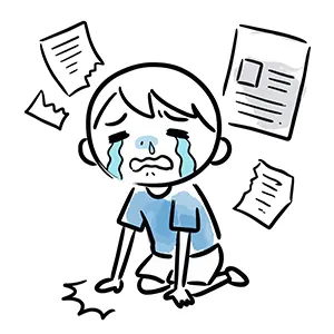 破られた請求書の前でショックを受けて泣き崩れている人物のイラスト