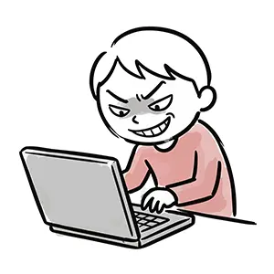 悪い顔でノートパソコンを操作しているネット詐欺師・ハッカーのイラスト