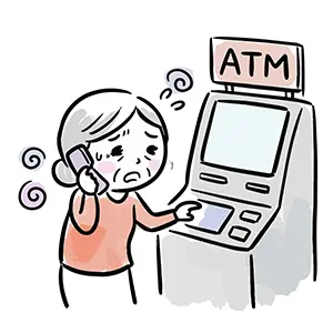 携帯電話で通話しながら焦ってATMを操作している高齢女性のイラスト