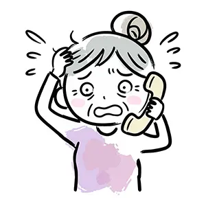 固定電話からの不審な電話に頭を抱えてパニックになる高齢女性のイラスト