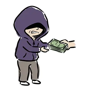 フードを被った怪しい人物が現金の束を受け取っているイラスト