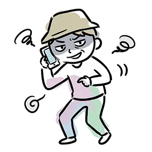 スマートフォンで電話をしながらニヤリと笑う怪しい詐欺師のイラスト