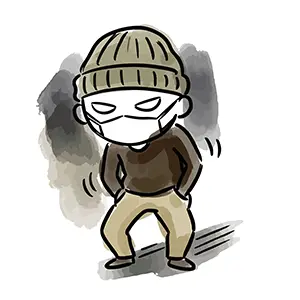 ニット帽とマスク姿で周囲を警戒している怪しい不審者のイラスト
