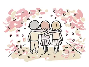 桜の花びらが舞う中を肩を組んで歩く3人の子供たちの後ろ姿