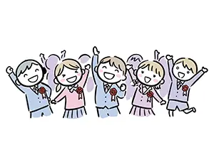 胸に赤いコサージュを付け笑顔でバンザイやジャンプをして喜ぶ小学生たち