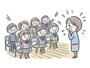 卒業式で一生懸命に合唱する小学生たちと感動して涙を流す女性教師