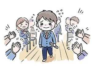 卒業式で卒業証書を持ち周囲からの拍手の中を涙を流しながら退場する男子生徒