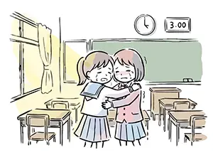 夕暮れの教室で涙を流して抱き合って別れを惜しむ制服姿の女子学生2人