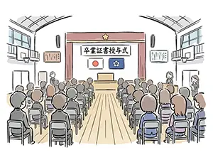 体育館で開催されている卒業証書授与式の会場全体を後方から見た風景