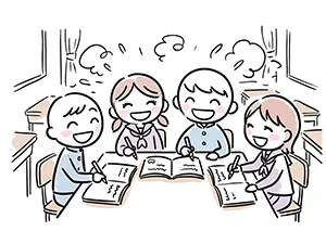 教室で机を合わせ笑顔で寄せ書きやサイン帳を書く制服姿の男女の学生たち