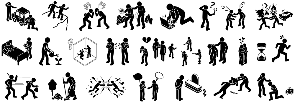 画像全体を説明する場合: 喧嘩、介護、悲しみ、事故など、様々な人間関係やシチュエーションを描いた黒い人物ピクトグラムのフリー素材サンプル画像。