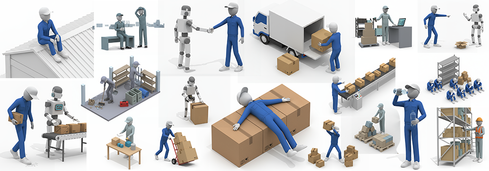 画像全体を説明する場合: トラックへの荷物の積み込み、ロボットとの協働、休憩中の様子など、倉庫や工場で働く作業員の様々なシーンを描いた立体的な人物イラスト素材のサンプル画像。
