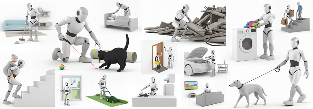 日常生活の様々な場面で人間をサポートするヒューマノイドロボットのイラスト素材集。掃除、料理、洗濯、介護、ペットの散歩、車の修理、災害救助などのシーン。