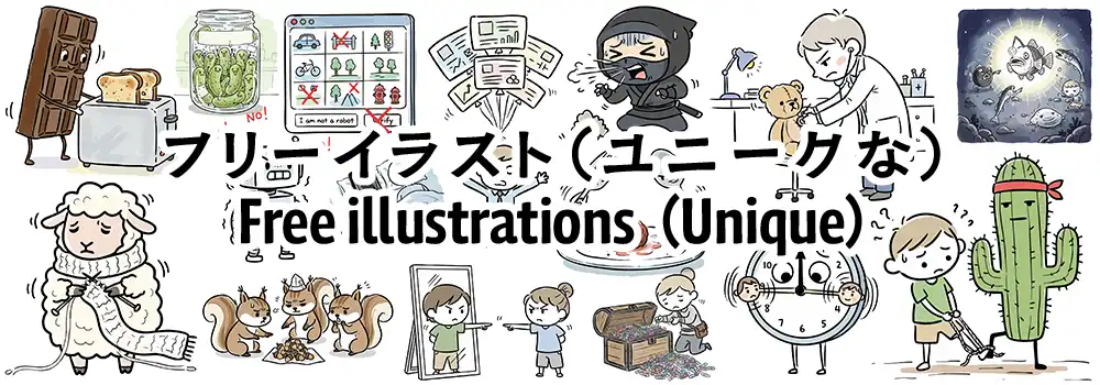 ユニークで面白いフリーイラスト素材集のバナー画像。忍び寄る忍者、寒がる羊、慌てるチョコレートバーなど、個性的な無料イラストが多数並んでいる様子。