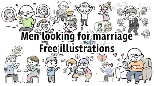A banner of a cute hand-drawn illustration collection depicting various scenes of men in matchmaking, including dating apps and heartbreak.