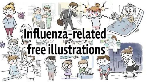 Hand-drawn style illustration of influenza vaccination and fever symptoms. Cute free material for hospitals where doctors and nurses provide treatment. Commercial use OK.
