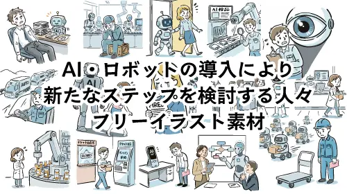AIやロボットの導入により仕事が代替され、職を失う人々や変化する雇用の形を描いた手書き風の無料イラスト素材セットのサムネイル。