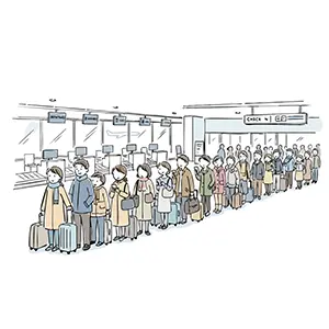 空港のチェックインカウンター前にできた長い旅行客の行列