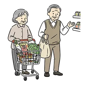 カートを押しながらスーパーで年末の食材を選んでいる高齢の夫婦