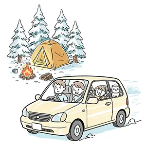 雪のキャンプ場でテントと車の前にいる家族とペットの猫