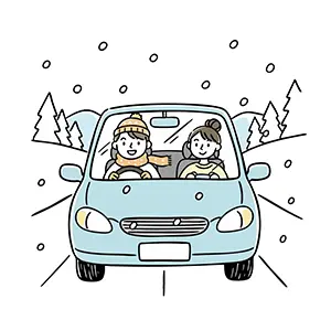 雪が降る道を車で楽しそうに運転している女性二人組