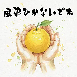両手で大きな柚子を大切に持つ姿と「風邪ひかないでね」のメッセージイラスト