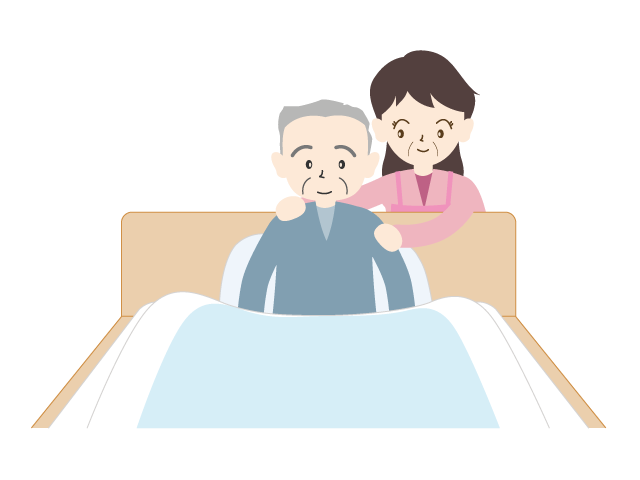 ベッドに座って笑顔のおじいさん｜介護士 - 医療/病院/人物/写真/クリップアート/フリー素材/介護/福祉