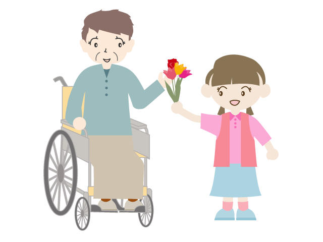 お婆さん孫からのプレゼント｜花｜女の子 - 医療/病院/人物/写真/クリップアート/フリー素材/介護/福祉