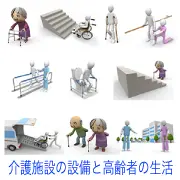 歩行器や杖を使う高齢者、車椅子用のスロープやリフト付き車両、手すりを使った歩行訓練、トイレ介助など、バリアフリー設備と介護・移動支援の様子を描いた3Dイラスト集。