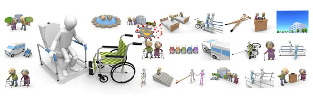 バリアフリートイレや車椅子、手すり付きの階段、入浴設備、杖をつく高齢者など、介護施設の設備と利用者の様子を描いた3Dイラスト素材セット。