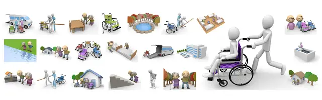 車椅子の介助や食事のサポート、入浴介助、リハビリ、屋外への散歩など、介護福祉士が高齢者をケアする様子を表現した3Dイラスト素材の詰め合わせ。