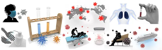 マスク着用や手洗い、試験管による検査、ウイルスと世界地図、肺の様子、クルーズ船など、感染症対策とウイルス予防を描いた3Dイラスト素材集。