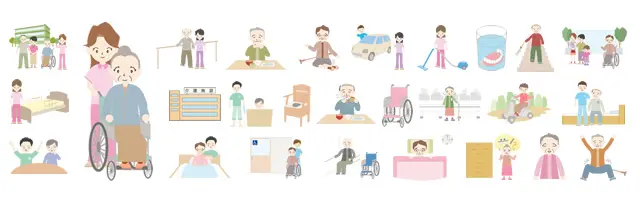 車椅子での移動や食事、掃除、リハビリ、入れ歯、ナースコールなど、老人ホームでの介護スタッフと利用者の日常を描いた優しいタッチのイラスト素材。