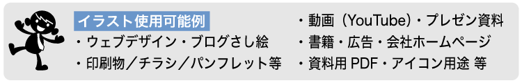 イラストの使用可能例のリスト。左側：ウェブデザイン・ブログさし絵、印刷物/チラシ/パンフレット等。右側：動画(YouTube)・プレゼン資料、書籍・広告・会社ホームページ、資料用PDF・アイコン用途等。