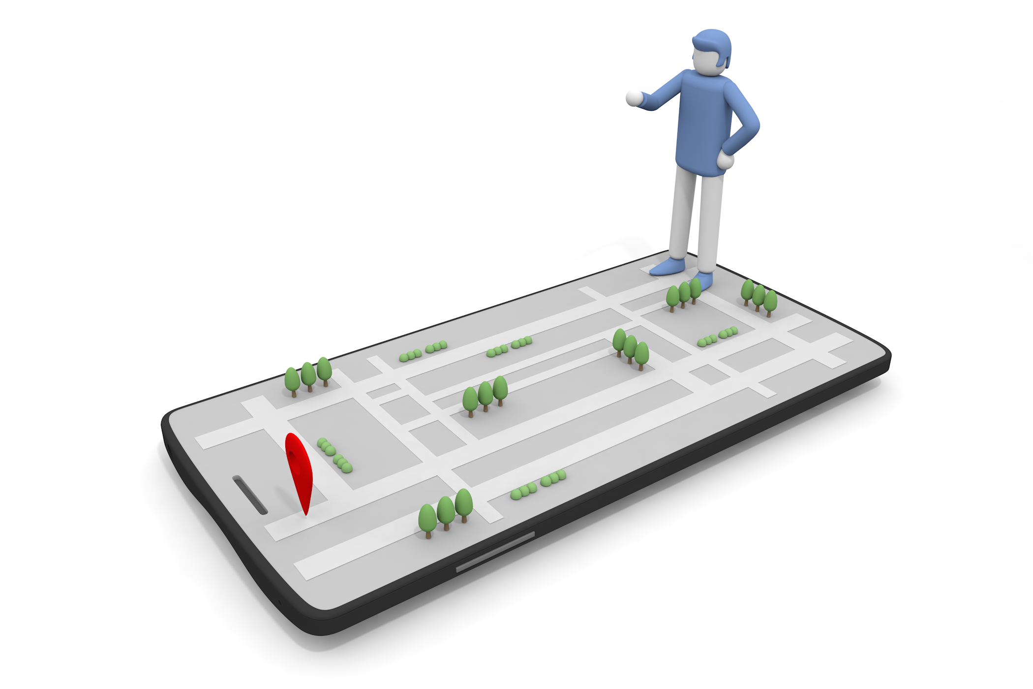 スマートフォンの上に立つ男性。 - フリーで使えるイラスト。メンバー登録なし。サイズ：2,100×1,400