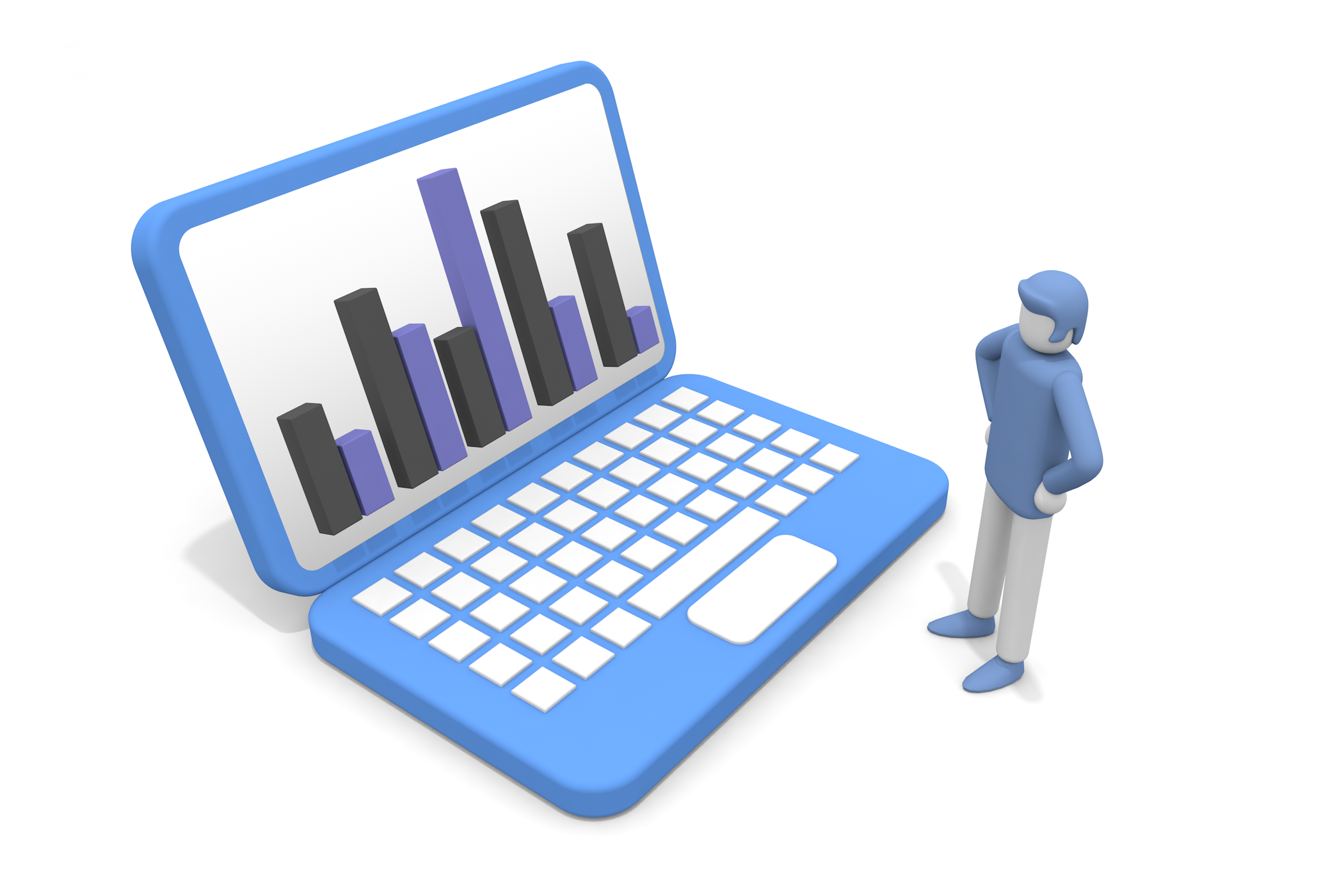 ノートパソコンで売り上げを調べる。 - フリーで使えるイラスト。メンバー登録なし。サイズ：2,100×1,400