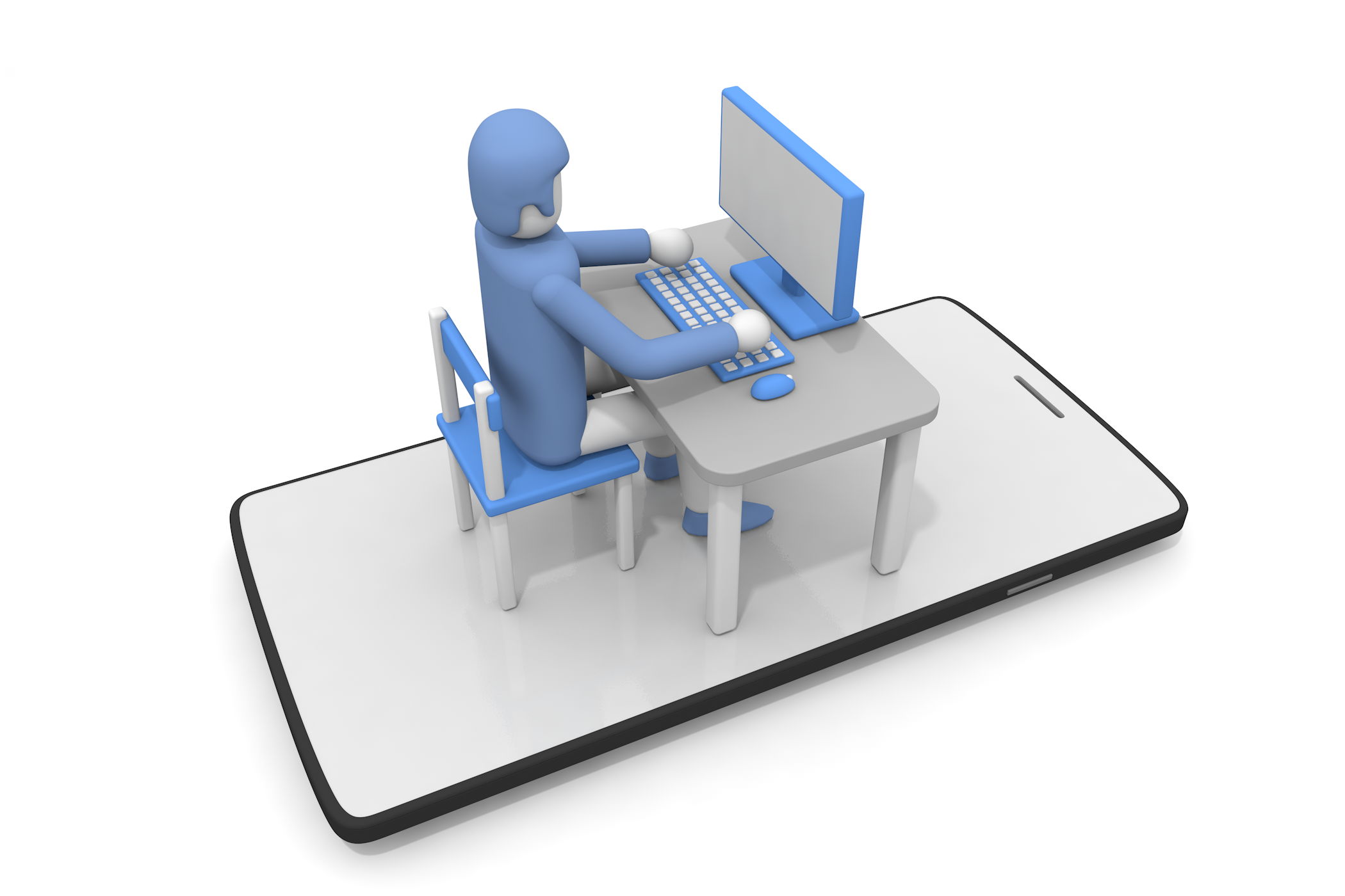 スマートフォンの上で仕事をする人物。 - フリーで使えるイラスト。メンバー登録なし。サイズ：2,100×1,400