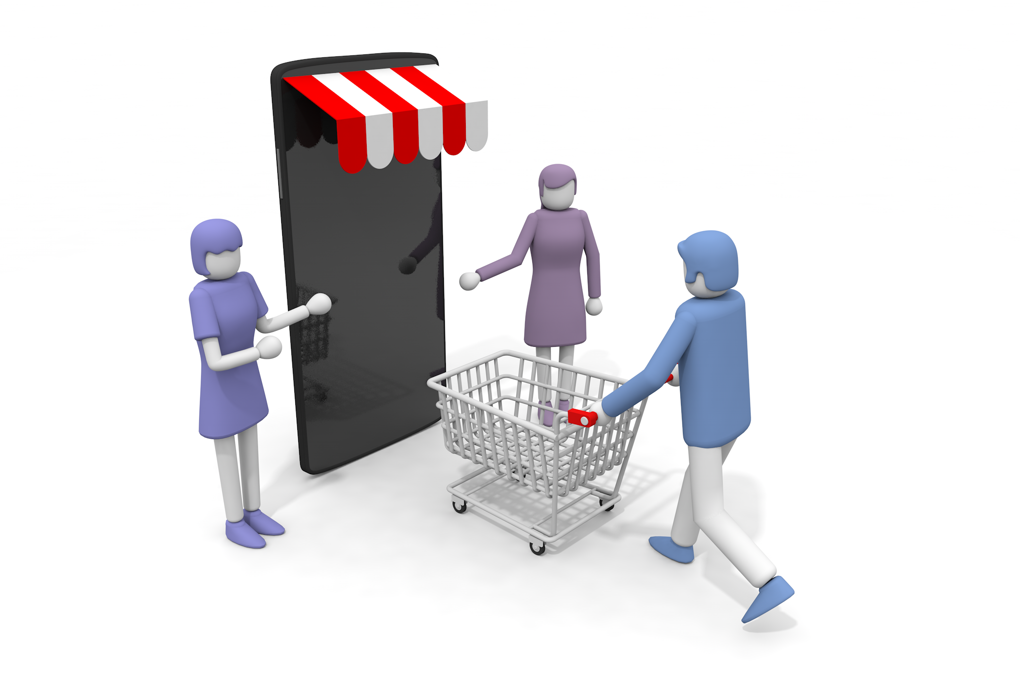 ショッピングカートを引いてお店に入っていく男性。 - フリーで使えるイラスト。メンバー登録なし。サイズ：2,100×1,400