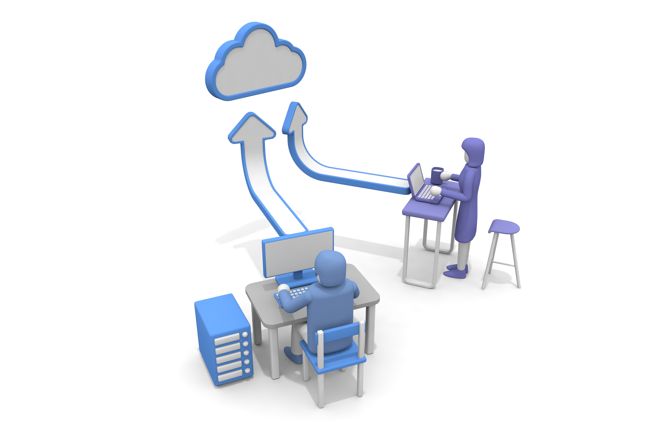 クラウドシステムでデータを共有する男女。 - フリーで使えるイラスト。メンバー登録なし。サイズ：2,100×1,400