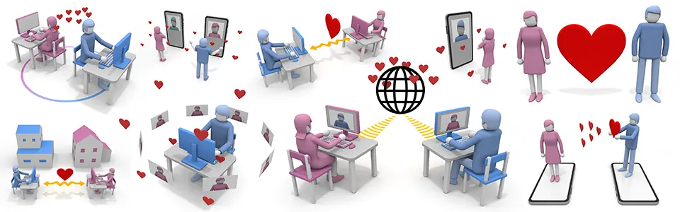 マッチングアプリや遠距離恋愛を描いた3D人物イラストセット。スマホやPC越しのビデオ通話、ハートを送り合うオンラインデート、婚活、ネットを通じた男女のつながりなど、デジタルな出会いと愛の形を網羅しています。
