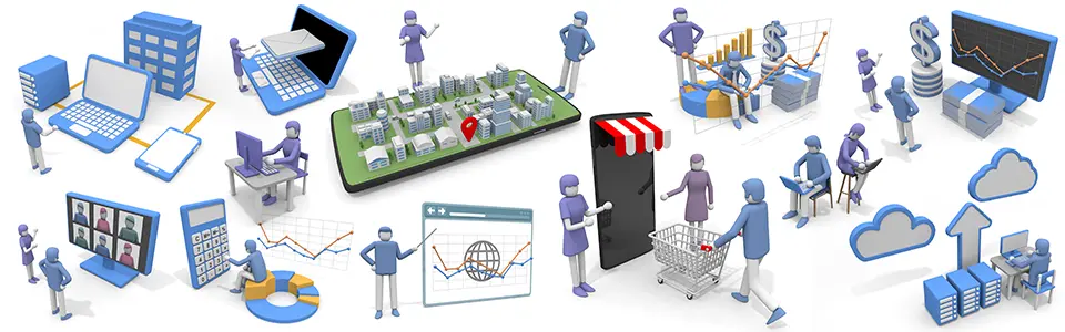 DXや現代ビジネスをテーマにした3D人物イラストセット。オンライン会議、ネット通販、データ分析、クラウド管理、スマホ地図、PC作業、プレゼンなど、多様なデジタル業務やテレワークのシーンを表現しています。