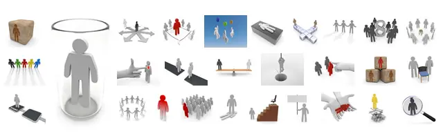 ガラス瓶の中の人、出世の階段、リーダーの選出、落とし穴、バランス、採用の選別、チームの円陣、デモ活動など、ビジネスや社会組織における競争、キャリア、人間関係の力学を象徴的に描いた3Dピクトグラム素材集。
