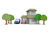 木々｜自然の家｜出かける｜4人家族 - 住宅 - 自家用車｜購入/中古住宅/ファミリー｜自動車｜駐車場｜住宅 - 不動産イラスト｜住宅・人物｜フリー素材