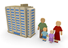 マンション｜4人家族｜住まい｜分譲住宅-購入-新築｜ファミリー/生活/笑顔｜大型マンション-建て売り-アパート - 不動産イラスト｜住宅・人物｜フリー素材