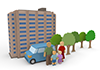 住宅-マンション-アパート｜新築分譲マンション｜ファミリー｜新生活｜賃貸マンション｜自家用車｜家族｜乗用車/中古マンション/4人家族 - 不動産イラスト｜住宅・人物｜フリー素材