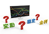 金利｜変動｜固定｜？｜ハテナ｜計算機-金利-固定-変動-グラフ｜モニターにグラフ表示｜変動金利｜固定金利｜固定金利と変動金利/モニター/上下/アップダウン - 不動産イラスト｜住宅・人物｜フリー素材